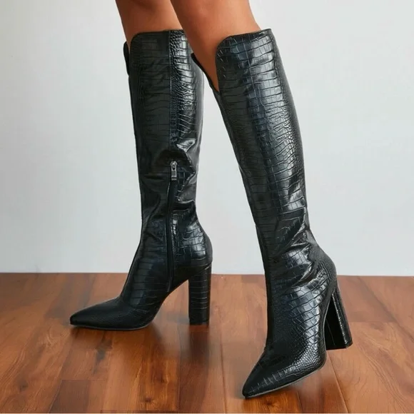 NIB Pauvaody Black Snakeskin Faux Leather Knee High Tall Pointed Heel Boots 7 - Picture 15 of 16